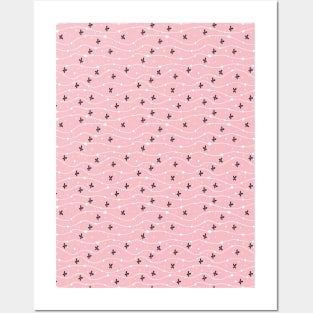 Wavy Lines, Dots and Flowers Pattern Pink and Blue Posters and Art